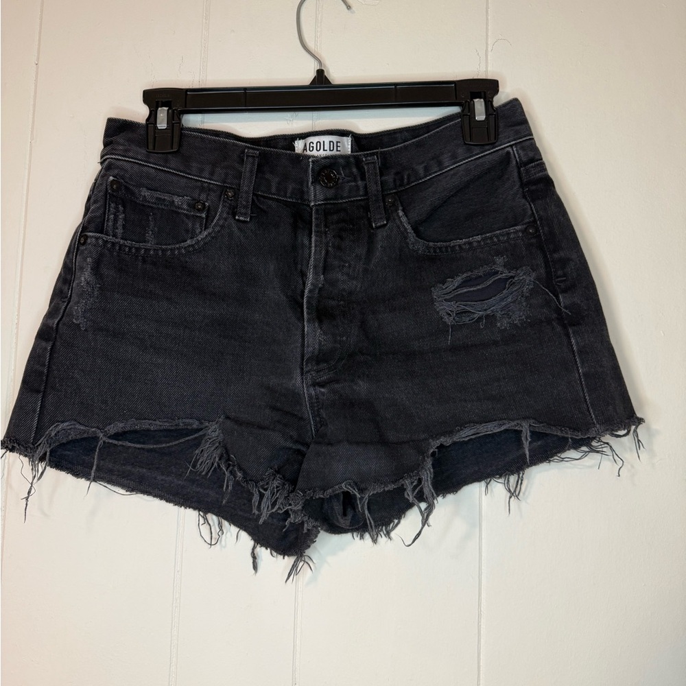 AGOLDE x Revolve Premium Black
Distressed Raw Hem Denim jean shorts size 25